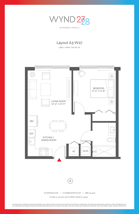 Floor plan for 1 bed, 1 bath, 616 sqft